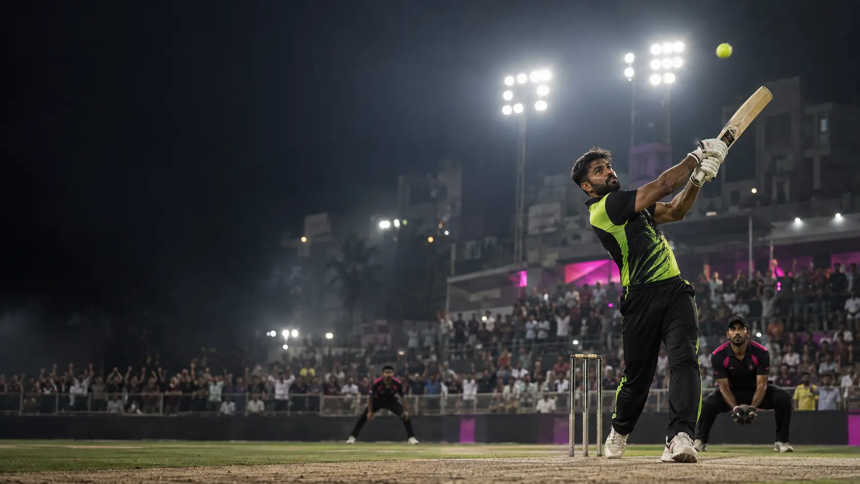 Tennis-ball cricketer playing under stadium lights