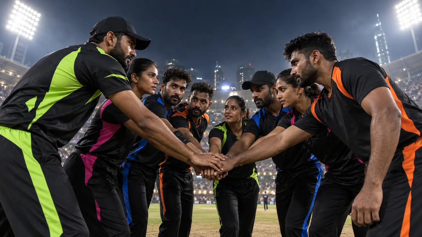 Cricket players forming a team huddle before a match