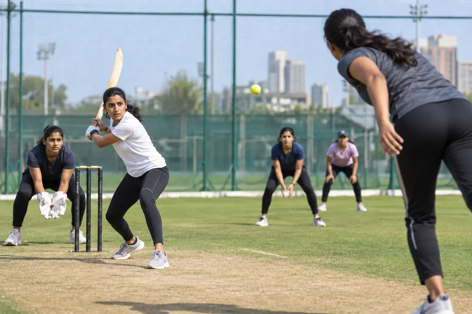 A woman cricketer competing at a structured tennis-ball cricket trial