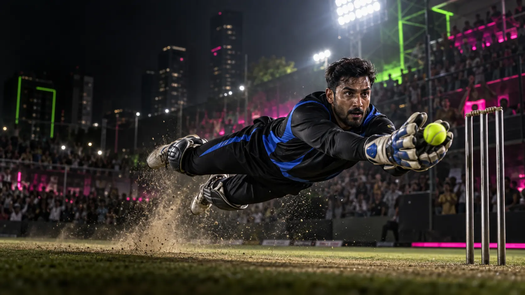 Tennis-ball cricketer competing under professional stadium lights
